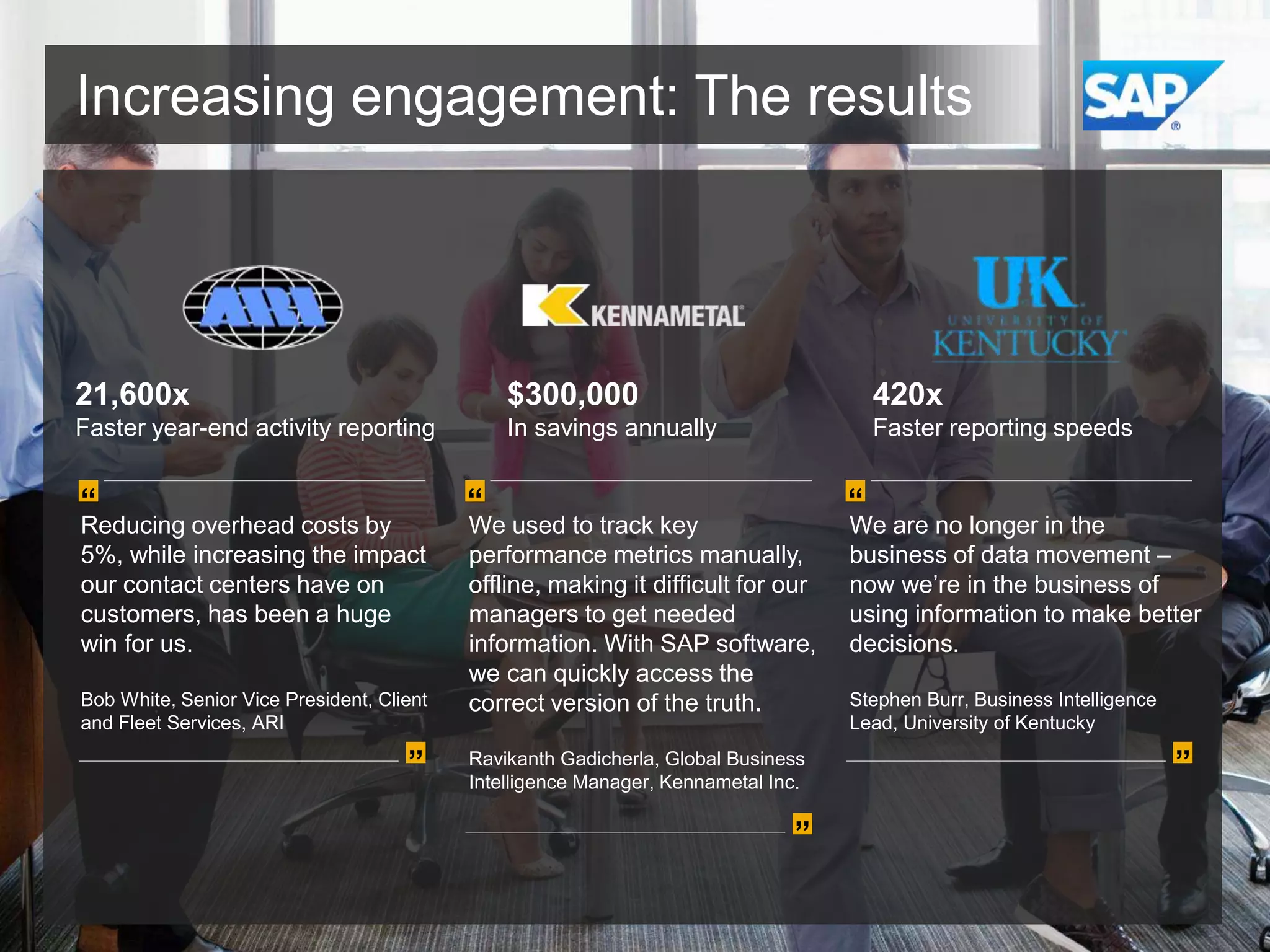 Increasing engagement: The results

21,600x

$300,000

420x

Faster year-end activity reporting

In savings annually

Faster reporting speeds

“

Reducing overhead costs by
5%, while increasing the impact
our contact centers have on
customers, has been a huge
win for us.
Bob White, Senior Vice President, Client
and Fleet Services, ARI

”

“

We used to track key
performance metrics manually,
offline, making it difficult for our
managers to get needed
information. With SAP software,
we can quickly access the
correct version of the truth.
Ravikanth Gadicherla, Global Business
Intelligence Manager, Kennametal Inc.

”

“

We are no longer in the
business of data movement –
now we’re in the business of
using information to make better
decisions.
Stephen Burr, Business Intelligence
Lead, University of Kentucky

”

 