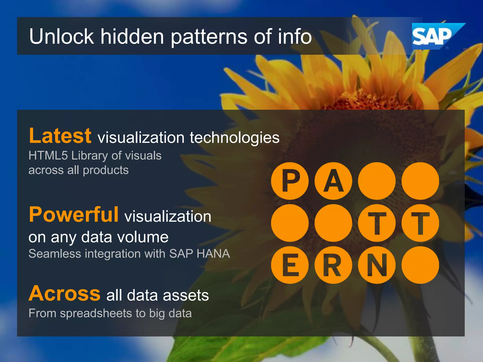 Unlock hidden patterns of info

Latest visualization technologies
HTML5 Library of visuals
across all products

Powerful visualization
on any data volume
Seamless integration with SAP HANA

Across all data assets
From spreadsheets to big data

 