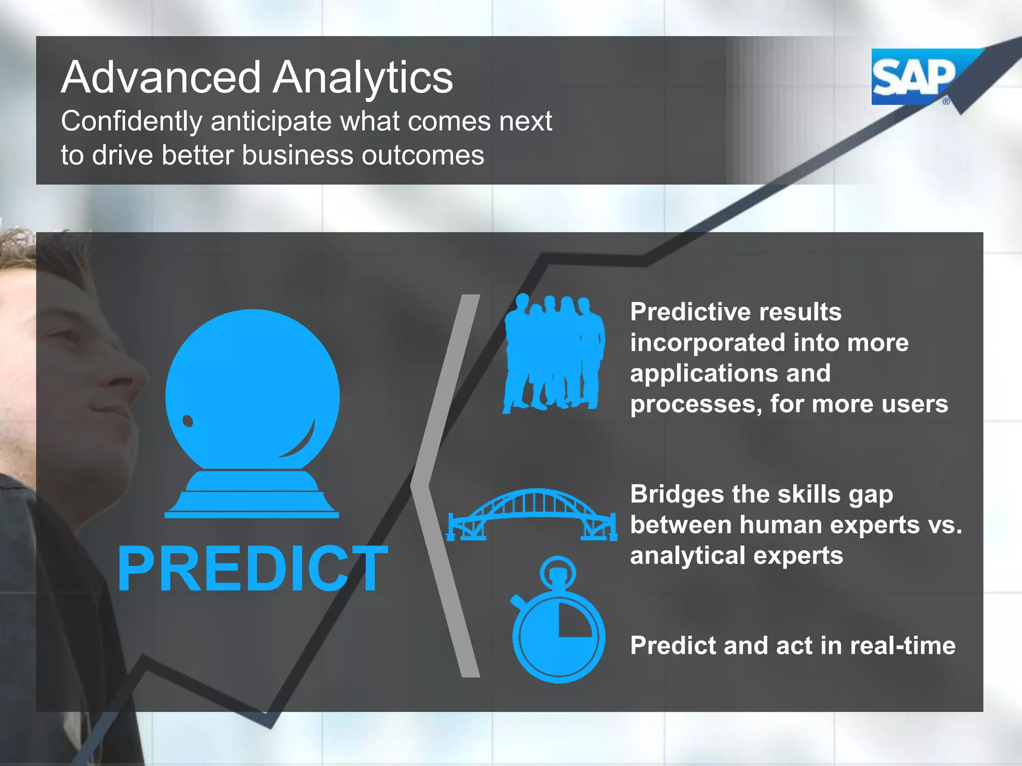 Advanced Analytics
Confidently anticipate what comes next
to drive better business outcomes

Predictive results
incorporated into more
applications and
processes, for more users

PREDICT

Bridges the skills gap
between human experts vs.
analytical experts

Predict and act in real-time

 
