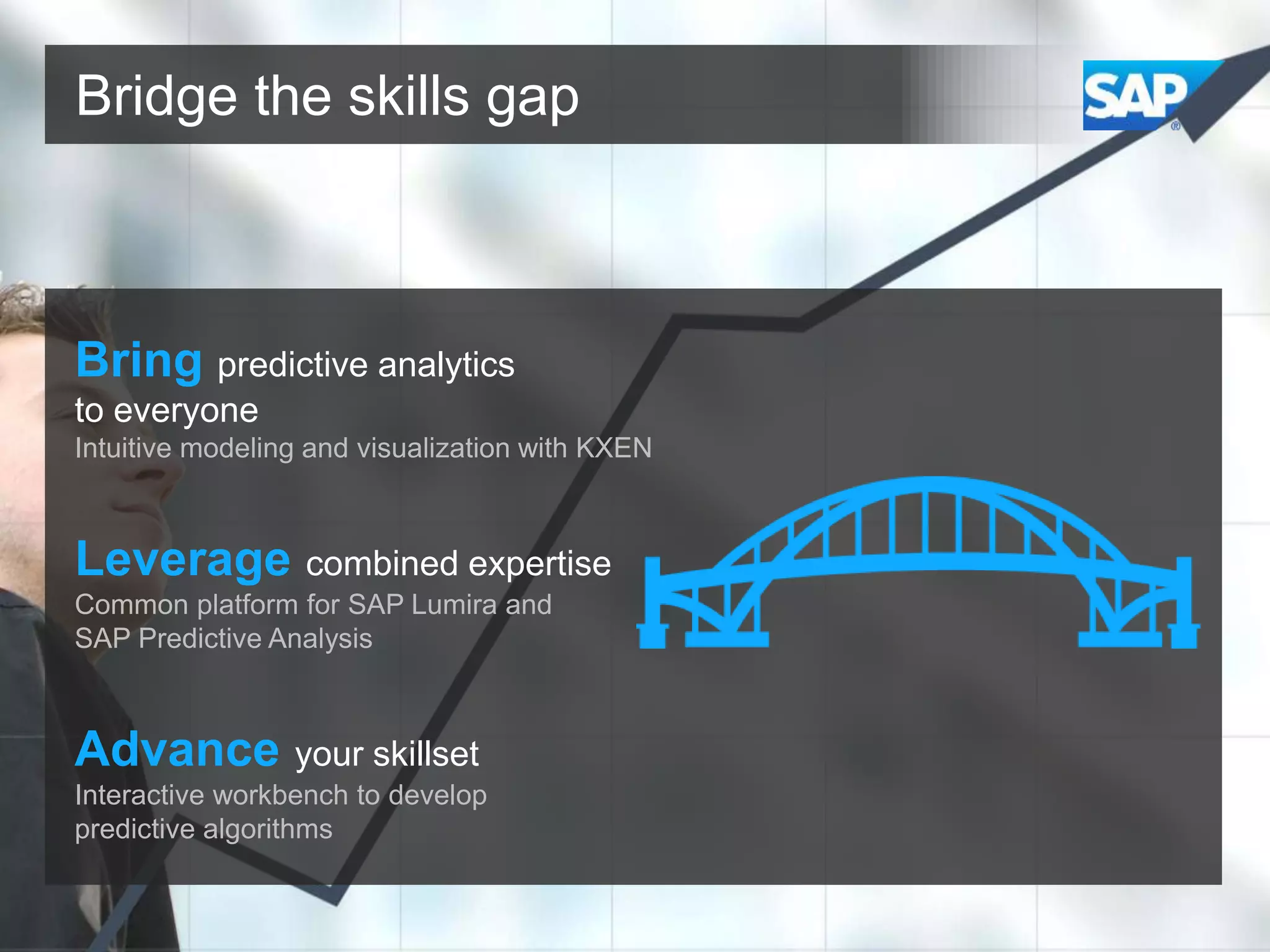 Bridge the skills gap

Bring predictive analytics
to everyone
Intuitive modeling and visualization with KXEN

Leverage combined expertise
Common platform for SAP Lumira and
SAP Predictive Analysis

Advance your skillset
Interactive workbench to develop
predictive algorithms

 