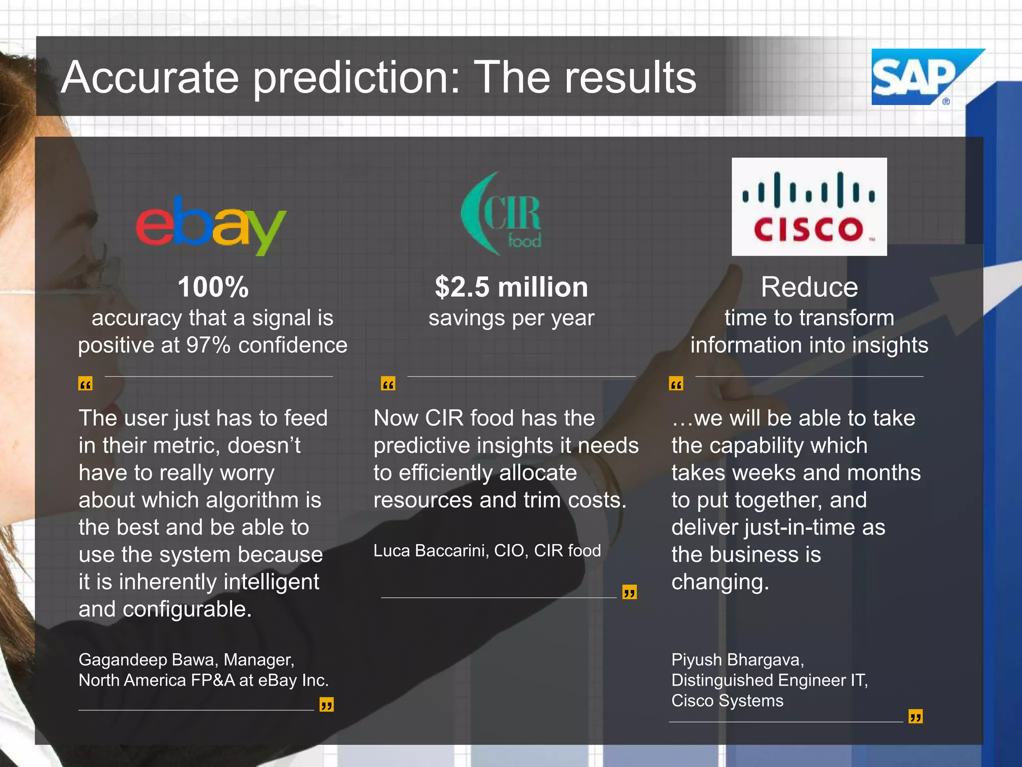 Accurate prediction: The results

100%

$2.5 million

Reduce

accuracy that a signal is
positive at 97% confidence

savings per year

time to transform
information into insights

“

“

The user just has to feed
in their metric, doesn’t
have to really worry
about which algorithm is
the best and be able to
use the system because
it is inherently intelligent
and configurable.
Gagandeep Bawa, Manager,
North America FP&A at eBay Inc.

”

“

Now CIR food has the
predictive insights it needs
to efficiently allocate
resources and trim costs.
Luca Baccarini, CIO, CIR food

”

…we will be able to take
the capability which
takes weeks and months
to put together, and
deliver just-in-time as
the business is
changing.

Piyush Bhargava,
Distinguished Engineer IT,
Cisco Systems

”

 