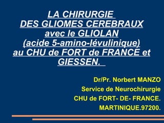 LA CHIRURGIE
 DES GLIOMES CEREBRAUX
       avec le GLIOLAN
  (acide 5-amino-lévulinique)
au CHU de FORT de FRANCE et
          GIESSEN.
                  Dr/Pr. Norbert MANZO
              Service de Neurochirurgie
            CHU de FORT- DE- FRANCE.
                    MARTINIQUE.97200.
 