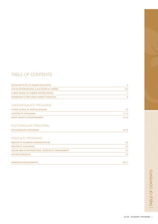 OUR CAMPUSES

GIHE is comprised of two campuses – Glion and Bulle. Both offer beautiful outdoor surroundings with nearby activities such
as skiing, golfing, horseback riding, paragliding, cycling and many more.

Students will typically live on or close to the Glion and/or Bulle campus depending on the program chosen.

                                                       GLION: Overlooking the tourist resort of
                                                       Montreux, the campus of Glion offers a
                                                       panoramic and breathtaking view of the Riviera
                                                       vaudoise as well as the French and Swiss Alps.
                                                       Through its excellent facilities, friendly
                                                       atmosphere and multicultural environment,
                                                       students develop their hands-on and
                                                       administrative proficiency.



                                                       BULLE: Bulle is a young and dynamic town
                                                       located in the Canton of Fribourg, a beautiful
                                                       tourist region. Students study in a purpose
                                                       built university style campus and focus on
                                                       managerial studies. The campus offers a
                                                       comfortable living atmosphere as well as
                                                       modern educational facilities.




                                                                                                                                 F A C T S
   A FEW FACTS          (based on January 2008 data)




                                                                                                                                 K E Y
                   Total student population                                 1151
                   Students on Glion campus                                  431
                   Students on Bulle campus                                  370
                   Students on internships                                   350

                   Breakdown of students per program
                   Undergraduate students                                   1029
                   Postgraduate students                                      94
                   Masters students                                           28

                   Number of faculty members                                  76

                   Average number of internship opportunities per student      6
                   Average number of interviews for first employment           4

                   Student male / female ratio                              48/52

                   Number of nationalities represented                       85
                   Percentage of international students                      94 %
                   Percentage of Swiss students                               6%

                  Nationality Mix
                  Europe                                                     52 %
                  Americas                                                   11 %
                  Asia                                                       26 %
                  Middle East, Africa & Sub Continent                        11 %
                                                                                                                             3
 