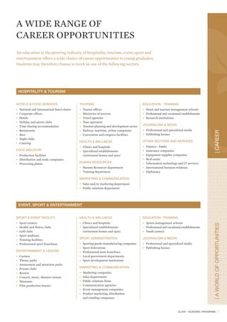H O S P I TA L I T Y P R O G R A M S
                                                                              Associate
      ASSOCIATE DEGREE IN HOSPITALITY ADMINISTRATION (2 years)

                                        Semester 1          Semester 2          Semester 3         Semester 4
                                           Glion             Internship            Glion              Bulle



  The Associate Degree in Hospitality Administration is a 2 year program that prepares students for the bachelor degree.
  Students acquire a solid base to better understand the business environment while developing their personal and cultural
  awareness. Emphasis is on professional skills to help students appreciate the complexity of working in revenue driven
  surroundings.

  While most students choose to continue towards the bachelor degree, career opportunities exist for those who wish to
  start working at this point.

  Potential entry career positions: Supervisor, Middle Management, Administration, Assistant to Department Head.


                                       Semester 1                              Semester 3                           Semester 4
                                      • Craft Based Learning in Service       • Craft Based Learning in Food        • Principles of Tourism and Travel
                                         & Kitchen                              & Beverage or in Rooms Division     • Food & Beverage Management
    Professional Development          • Housekeeping Operations               • Food & Beverage Administration      • Rooms Division Management




                                                                                                                                                               A S S O C I A T E
                                         Management                           • Rooms Division
                                      • Introduction to Food and Beverage
                                                                              • Applied Accounting                  • Financial Management I
    Entrepreneurship                  • Basic Accounting
                                                                              • Introduction to Entrepreneurship*   • Marketing

                                      • English                               • Foreign Language or Academic        • Academic English or Critical
                                      • Spanish or French (if 320 achieved)     English or advanced IT*               Reading of English Literature
                                      • Intensive Oral English                • Psychology of Leadership* or        • Architecture orienteering and the
    General Education                 • Information Technology                  Principles of Geopolitics             Interpretation of the Natural
                                      • Health & Recreation*                  • Advanced Academic Support             Landscapeand Design or Music
                                      • Learning Skills                       • Internship Research and               in Historical, Cultural and Social
                                        (including Maths support                Preparation**                         Contexts
                                        and Intensive Oral English)                                                 • Transactional Analysis and
                                                                                                                      Experiential Art Therapy or
                                                                                                                      Words and Image or
                                                                                                                      Role Play
                                                                                                                    • Natural Science

  Note : all students will do a six months internship during semester 2.
  * Not for Diploma students
  ** Only for second semester of the diploma track
  These course titles are guide lines and subject to change at any time.



   DIPLOMA IN HOTEL AND RESTAURANT OPERATIONS (1.5 years)

                                               Semester 1         Semester 2          Semester 3
                                                 Glion               Glion             Internship


This one and a half year program is open to students aged 17 years old or older and is designed to provide
fast-track access to first employment.
Please refer to semester 1 and 3 of the Associate Degree for course guide lines. However, please note that the
Diploma program has fewer courses than the Associate Degree.




                                                                                                                                                           7
 