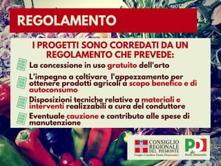 REGOLAMENTO
I PROGETTI SONO CORREDATI DA UN
REGOLAMENTO CHE PREVEDE:
La concessione in uso gratuito dell'orto
L'impegno a coltivare l'appezzamento per
ottenere prodotti agricoli a scopo benefico e di
autoconsumo
Disposizioni tecniche relative a materiali e
interventi realizzabili a cura del conduttore
Eventuale cauzione e contributo alle spese di
manutenzione
 