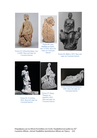 Πληροφορίες για την Εθνική Γλυπτοθήκη στο Γουδή. Περιβαλλοντική ομάδα του 56ου
Γυμνασίου Αθήνας: «Αστικό Περιβάλλον Αμπελόκηπων Αθήνας και Τέχνες» [12]
Εικόνα 23: Ο θεριστής Ερμής, πριν
το 1925. Έργο από πηλό του
Γιαννούλη Χαλεπά
Εικόνα 24: Αγία
Βαρβάρα και Ερμής,
πριν το 1925. Έργο από
πηλό του Γιαννούλη
Χαλεπά
Εικόνα 25: Μήδεια, 1933. Έργο από
γύψο του Γιαννούλη Χαλεπά
Εικόνα 26: Ο κυνηγός,
1933. Έργο από γύψο του
Γιαννούλη Χαλεπά.
Εικόνα 27: Ερμής,
Πήγασος και
Αφροδίτη, 1933.
Έργο από γύψο του
Γιαννούλη Χαλεπά.
Εικόνα 28 Μικρή αναπαυομένη,
1935. Έργο από γύψο του
Γιαννούλη Χαλεπά
 