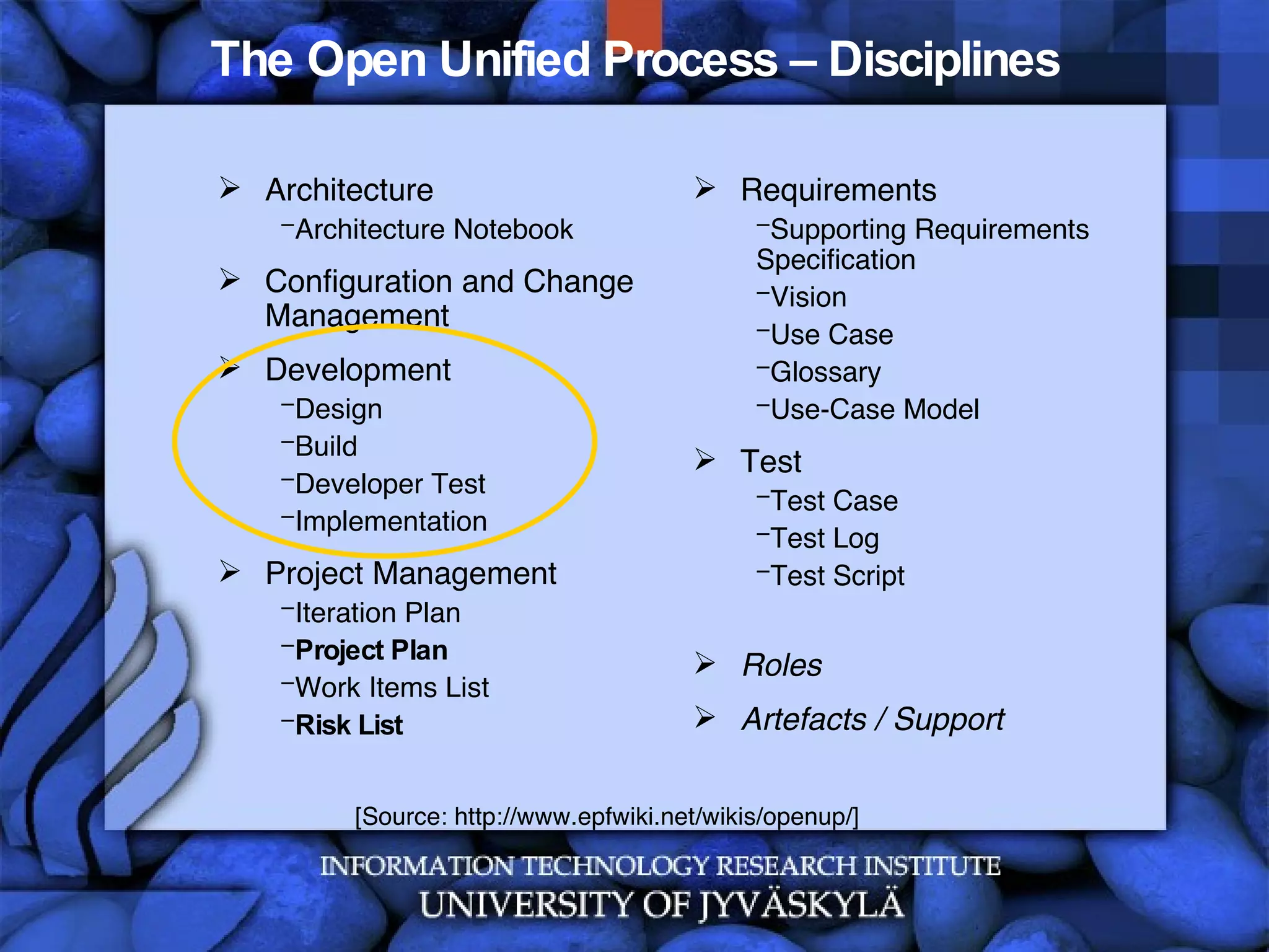 The Open Unified Process – Disciplines Architecture  Architecture Notebook  Configuration and Change Management  Development  Design  Build  Developer Test  Implementation  Project Management  Iteration Plan  Project Plan   Work Items List  Risk List  Requirements  Supporting Requirements Specification  Vision  Use Case  Glossary  Use-Case Model  Test Test Case  Test Log  Test Script  Roles  Artefacts / Support [Source: http://www.epfwiki.net/wikis/openup/] 