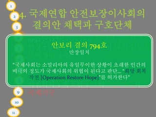 1
2
3
4
5
6
7
8
9
10
11
1992년 12월: 국제연합 안전보장이사회
헌장 7장에 기초한 소말리아 내전 인도적
무력개입 승인
국제연합 평화유지군 PKO +
미국/영국/캐나다 군대
적십자사 + 옥스팜 + 그외 구호단체와
국제기구
안보리 결의 794호
만장일치
“국제사회는 소말리아의 유일무이한 상황이 초래한 인간의
비극의 정도가 국제사회의 위협이 된다고 판단… “희망 회복
작전 [Operation Restore Hope]”를 허가한다”
 