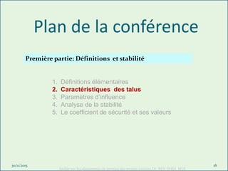 Plan de la conférence
30/11/2015
Atelier sur les glissements de terrains des projets routiers Dr BEN DHIA M.H.
18
1. Définitions élémentaires
2. Caractéristiques des talus
3. Paramètres d’influence
4. Analyse de la stabilité
5. Le coefficient de sécurité et ses valeurs
Première partie: Définitions et stabilité
 