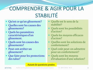 COMPRENDRE & AGIR POUR LA
STABILITÉ
 Qu’est ce qu’un glissement?
 Quelles sont les causes des
glissements?
 Quels les paramètres
caractéristiques d’un
glissement.
 Quels sont les causes des
glissements?
 Peut-ont arrêter un
glissement?
 Que faire pour les protections
des talus?
 Quelle est le sens de la
stabilité?
 Quels sont les possibilités
d’action?
 Quels les moyens efficaces
d’action?
 Quelles sont les solutions de
confortement?
 Quel coût peut-on admettre
pour un confortement?
 Quels sont les moyens
d’évaluation d’une solution?
30/11/2015 Atelier sur les glissements de terrains des projets routiers Dr BEN DHIA M.H. 2
Autant de questions posées
 
