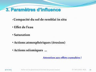 30/11/2015 Atelier sur les glissements de terrains des projets routiers Dr BEN DHIA M.H. 20
• Compacité du sol de remblai in situ
• Effet de l’eau
• Saturation
• Actions atmosphériques (érosion)
• Actions séismiques …
Attention aux effets cumulées !
 