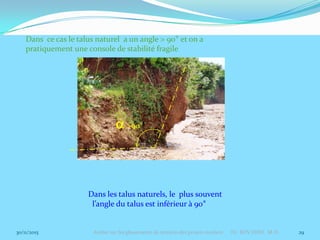 30/11/2015 Atelier sur les glissements de terrains des projets routiers Dr BEN DHIA M.H. 29
a>90°
Dans les talus naturels, le plus souvent
l’angle du talus est inférieur à 90°
Dans ce cas le talus naturel a un angle > 90° et on a
pratiquement une console de stabilité fragile
 