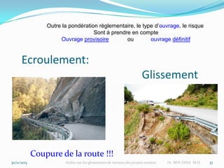 30/11/2015 Atelier sur les glissements de terrains des projets routiers Dr BEN DHIA M.H. 37
Coupure de la route !!!
Ecroulement:
Glissement
Outre la pondération règlementaire, le type d’ouvrage, le risque
Sont à prendre en compte
Ouvrage provisoire ou ouvrage définitif
 