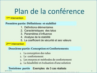 Plan de la conférence
30/11/2015
Atelier sur les glissements de terrains des projets routiers Dr BEN DHIA M.H.
4
1. Définitions élémentaires
2. Caractéristiques des talus
3. Paramètres d’influence
4. Analyse de la stabilité
5. Le coefficient de sécurité et ses valeurs
Première partie: Définitions et stabilité
1. La conception des talus
2. Le confortement
3. Les moyens et méthodes de confortement
4. La faisabilité et évaluation d’une solution
Deuxième partie: Conception et Confortements
Exemples de 3 cas réalisésTroisième partie
1ère Intervention
2ème Intervention
 