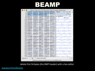 BEAMP
wayspurrchen/beamp
delete first 54 bytes (the BMP header) with a hex editor
 