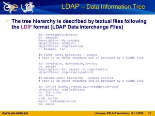 The tree hierarchy is described by textual files following the  LDIF  format (LDAP Data Interchange Files) LDAP  – Data Information Tree   dn: dc=example,dc=root dc: example description: My company objectClass: dcObject objectClass: organization o: Example, Inc. ## FIRST Level hierarchy - people  # this is an ENTRY sequence and is preceded by a BLANK line dn: ou=people, dc=example,dc=root ou: people description: All people in organisation objectClass: organizationalUnit ## SECOND Level hierarchy - people entries  # this is an ENTRY sequence and is preceded by a BLANK line dn: cn=Joe Schmo,ou=people,dc=example,dc=root objectclass: inetOrgPerson cn: Joe Schmo sn: Schmo uid: jschmo mail: joe@example.com ou: sales 