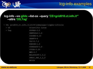 lcg-info examples lcg-info --vo  gilda  --list-ce --query  'CE=grid010.ct.infn.it*'  --attrs  'OS,Tag' - CE: grid010.ct.infn.it:2119/jobmanager-lcgpbs-infinite - OS  Scientific Linux - Tag  POVRAY-3.5 DEMTOOLS-1.0  CSOUND-4.13  GEANT4-6  VLC-0.7.2  EGEODE-1.0  CODESA3D-1.0  CYCAS-3.20  MM5-3.7  MOLSCRIPT-1.0.2  GRELC_DAS_2_2_0  MPICH   