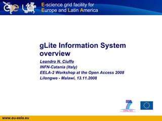 gLite Information System overview   Leandro N. Ciuffo   INFN-Catania (Italy) EELA-2 Workshop at the Open Access 2008 Lilongwe - Malawi, 13.11.2008 
