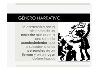 GÉNERO NARRATIVO
Se caracteriza por la
existencia de un
narrador que cuenta
una serie de
acontecimientos que
le suceden a unos
personajes en un
tiempo y en un lugar
determinados
 