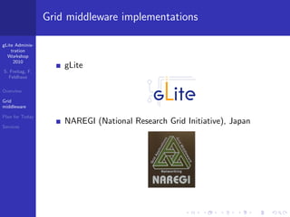 Grid middleware implementations

gLite Adminis-
    tration
  Workshop
     2010
                     gLite
S. Freitag, F.
  Feldhaus

Overview

Grid
middleware

Plan for Today
                     NAREGI (National Research Grid Initiative), Japan
Services
 