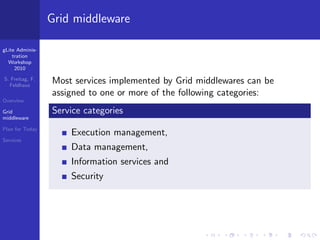 Grid middleware

gLite Adminis-
    tration
  Workshop
     2010

S. Freitag, F.
  Feldhaus
                 Most services implemented by Grid middlewares can be
                 assigned to one or more of the following categories:
Overview

Grid             Service categories
middleware

Plan for Today
                     Execution management,
Services
                     Data management,
                     Information services and
                     Security
 
