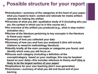 Possible structure for your report Introduction—summary of the categories at the heart of your paper; what you hoped to learn; context and rationale for media artifact; rationale for making the artifact Overview of what you did—qualitative study of X (including who you are, the context in which you’re in this course etc.) An overview of the artifact you produced (e.g., what is stop motion animation etc.) Review of the literature pertaining to key concepts in the literature to frame your report Summary of how you collected your data Summary of how you anal how you analysed it (this will include citations to research methodology literature) Identify briefly all the main concepts or categories you found, and identify which ones you will focus on Discuss each category (including a definition of the concept/category  based on your readings; this may be tweaked based on your data)—this includes reference to theory stuff ( this is likely to be the largest section of your paper ) Implications for your own teaching (don’t over-generalise) Conclusion—summary of what you did and found and of your learning 