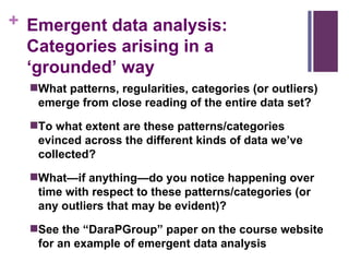 Emergent data analysis: Categories arising in a ‘grounded’ way What patterns, regularities, categories (or outliers) emerge from close reading of the entire data set? To what extent are these patterns/categories evinced across the different kinds of data we’ve collected? What—if anything—do you notice happening over time with respect to these patterns/categories (or any outliers that may be evident)? See the “DaraPGroup” paper on the course website for an example of emergent data analysis 