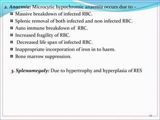 2. Anaemia: Microcytic hypochromic anaemia occurs due to –
Massive breakdown of infected RBC.
Splenic removal of both infected and non infected RBC.
Auto immune breakdown of RBC.
Increased fragility of RBC.
Decreased life span of infected RBC.
Inappropriate incorporation of iron in to haem.
Bone marrow suppression.
3. Splenomegaly: Due to hypertrophy and hyperplasia of RES
16
 