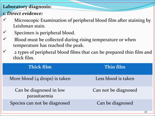Laboratory diagnosis:
1. Direct evidence:
 Microscopic Examination of peripheral blood film after staining by
Leishman stain.
 Specimen is peripheral blood.
 Blood must be collected during rising temperature or when
temperature has reached the peak.
 2 types of peripheral blood films that can be prepared thin film and
thick film.
20
Thick film Thin film
More blood (4 drops) is taken Less blood is taken
Can be diagnosed in low
parasitaemia
Can not be diagnosed
Species can not be diagnosed Can be diagnosed
 