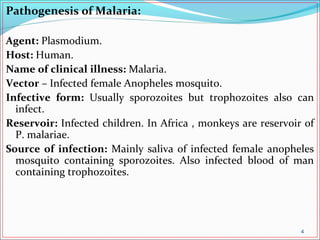 Pathogenesis of Malaria:
Agent: Plasmodium.
Host: Human.
Name of clinical illness: Malaria.
Vector – Infected female Anopheles mosquito.
Infective form: Usually sporozoites but trophozoites also can
infect.
Reservoir: Infected children. In Africa , monkeys are reservoir of
P. malariae.
Source of infection: Mainly saliva of infected female anopheles
mosquito containing sporozoites. Also infected blood of man
containing trophozoites.
4
 
