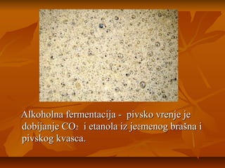 Alkoholna fermentacija - pivsko vrenje je
dobijanje CO2 i etanola iz ječmenog brašna i
pivskog kvasca.

 