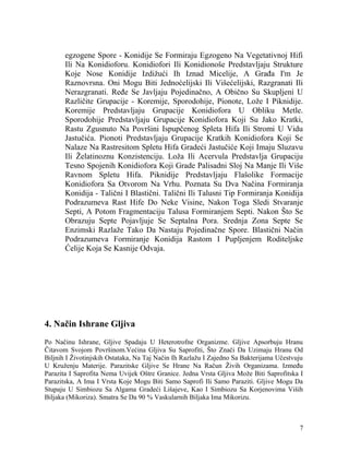 egzogene Spore - Konidije Se Formiraju Egzogeno Na Vegetativnoj Hifi
Ili Na Konidioforu. Konidiofori Ili Konidionoše Predstavljaju Strukture
Koje Nose Konidije Izdižući Ih Iznad Micelije, A Građa I'm Je
Raznovrsna. Oni Mogu Biti Jednoćelijski Ili Višećelijski, Razgranati Ili
Nerazgranati. Ređe Se Javljaju Pojedinačno, A Obično Su Skupljeni U
Različite Grupacije - Koremije, Sporodohije, Pionote, Lože I Piknidije.
Koremije Predstavljaju Grupacije Konidiofora U Obliku Metle.
Sporodohije Predstavljaju Grupacije Konidiofora Koji Su Jako Kratki,
Rastu Zgusnuto Na Površini Ispupčenog Spleta Hifa Ili Stromi U Vidu
Jastučića. Pionoti Predstavljaju Grupacije Kratkih Konidiofora Koji Se
Nalaze Na Rastresitom Spletu Hifa Gradeći Jastučiće Koji Imaju Sluzavu
Ili Želatinoznu Konzistenciju. Loža Ili Acervula Predstavlja Grupaciju
Tesno Spojenih Konidiofora Koji Grade Palisadni Sloj Na Manje Ili Više
Ravnom Spletu Hifa. Piknidije Predstavljaju Flašolike Formacije
Konidiofora Sa Otvorom Na Vrhu. Poznata Su Dva Načina Formiranja
Konidija - Talični I Blastični. Talični Ili Talusni Tip Formiranja Konidija
Podrazumeva Rast Hife Do Neke Visine, Nakon Toga Sledi Stvaranje
Septi, A Potom Fragmentaciju Talusa Formiranjem Septi. Nakon Što Se
Obrazuju Septe Pojavljuje Se Septalna Pora. Srednja Zona Septe Se
Enzimski Razlaže Tako Da Nastaju Pojedinačne Spore. Blastični Način
Podrazumeva Formiranje Konidija Rastom I Pupljenjem Roditeljske
Ćelije Koja Se Kasnije Odvaja.
4. Način Ishrane Gljiva
Po Načinu Ishrane, Gljive Spadaju U Heterotrofne Organizme. Gljive Apsorbuju Hranu
Čitavom Svojom Površinom.Većina Gljiva Su Saprofiti, Što Znači Da Uzimaju Hranu Od
Biljnih I Životinjskih Ostataka, Na Taj Način Ih Razlažu I Zajedno Sa Bakterijama Učestvuju
U Kruženju Materije. Parazitske Gljive Se Hrane Na Račun Živih Organizama. Između
Parazita I Saprofita Nema Uvijek Oštre Granice. Jedna Vrsta Gljiva Može Biti Saprofitska I
Parazitska, A Ima I Vrsta Koje Mogu Biti Samo Saprofi Ili Samo Paraziti. Gljive Mogu Da
Stupaju U Simbiozu Sa Algama Gradeći Lišajeve, Kao I Simbiozu Sa Korjenovima Viših
Biljaka (Mikoriza). Smatra Se Da 90 % Vaskularnih Biljaka Ima Mikorizu.
7
 