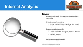 Internal Analysis
Issues
● Limited differentiation in positioning relative to direct
competition
● Underdeveloped messaging
○ Needs to be tailored specifically to that market
● Low company involvement in:
○ Top social media - Instagram, Youtube, Pinterest
○ Content creation
● Insufficient online engagement
Information from Bristlecone Marketing Plan
 