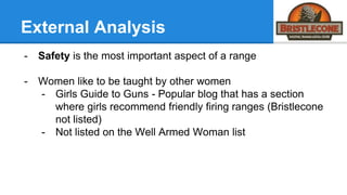 External Analysis
- Safety is the most important aspect of a range
- Women like to be taught by other women
- Girls Guide to Guns - Popular blog that has a section
where girls recommend friendly firing ranges (Bristlecone
not listed)
- Not listed on the Well Armed Woman list
 