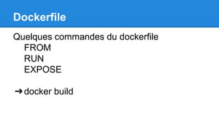 Dockerfile
Quelques commandes du dockerfile
FROM
RUN
EXPOSE
➔docker build