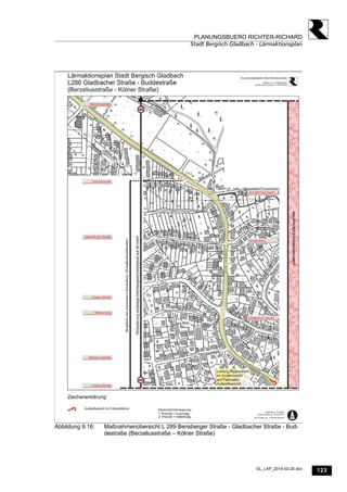 123
PLANUNGSBUERO RICHTER-RICHARD
Stadt Bergisch Gladbach - Lärmaktionsplan
GL_LAP_2014-02-25.doc
Abbildung 9.16: Maßnahmenübersicht L 289 Bensberger Straße - Gladbacher Straße - Bud-
destraße (Berzeliusstraße – Kölner Straße)
 