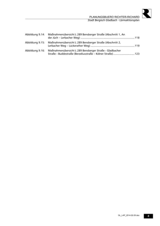 4
PLANUNGSBUERO RICHTER-RICHARD
Stadt Bergisch Gladbach - Lärmaktionsplan
GL_LAP_2014-02-25.doc
Abbildung 9.14: Maßnahmenübersicht L 289 Bensberger Straße (Abschnitt 1, An
der Jüch – Lerbacher Weg) ......................................................................118
Abbildung 9.15: Maßnahmenübersicht L 289 Bensberger Straße (Abschnitt 2,
Lerbacher Weg – Lückerather Weg) .........................................................119
Abbildung 9.16: Maßnahmenübersicht L 289 Bensberger Straße - Gladbacher
Straße - Buddestraße (Berzeliusstraße – Kölner Straße)............................123
 