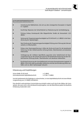 77
PLANUNGSBUERO RICHTER-RICHARD
Stadt Bergisch Gladbach - Lärmaktionsplan
GL_LAP_2014-02-25.doc
Maßnahmenvorschläge
 Umsetzung der Maßnahmen, die sich aus den strategischen Konzepten in Kapitel
9.1 ergeben.
 Kurzfristig: Reparatur der Schachtdeckel zur Reduzierung der Lärmbelästigung.
 Prüfung Umbau Knotenpunkt Alte Wipperfürther Straße als Kreisverkehr (-0,5
dB(A)).
 Senkung der Progressionsgeschwindigkeit auf 35-40 km/h (≥-2 dB(A)) in der Koor-
dinierung der Signalanlagen.
 Nach Senkung der Progressionsgeschwindigkeit Prüfung einer Führung des Fahrrad-
verkehrs im Mischverkehr.
 Einbau einer Querungssicherung in Höhe der Kirche als Ersatz für die bestehende
Sicherung mit den Verkehrszeichen Achtung Kinder, Überholverbot und absolutes
Halteverbot.
 Verlängerung der mittleren Sperrfläche zugunsten einer Verkehrsinsel mit Que-
rungssicherung vor der Schule als Ersatz für die bestehende Sicherung mit den Ver-
kehrszeichen Achtung Kinder, Überholverbot und absolutes Halteverbot.
 Kurzfristig Erneuerung der Verschleißschicht mit einem lärmoptimierten Asphalt (-4
dB(A)). Durch die vielen punktuellen Aufbrüche wird die Lärmminderung höher aus-
fallen und vor allem Spitzenpegel reduziert.
Erläuterung und Empfehlungen
Grüne Welle 35-45 km/h ≥-2 dB(A)
Lärmreduzierende Asphaltdeckschicht ≥-2 (bis -7) dB(A)
Um die Auslösewerte durchgängig zu unterschreiten, ist eine Asphaltdeckschicht mit einer Minde-
rungswirkung von 3-4 dB(A) erforderlich.
Eine deutlich wahrnehmbare Lärmminderung entsteht zudem auch durch den Abbau der Lärm-
spitzen, die zwar nicht in die Lärmberechnung eingehen, von den Betroffenen jedoch als deutliche
Entlastung empfunden wird.
 