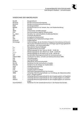 6
PLANUNGSBUERO RICHTER-RICHARD
Stadt Bergisch Gladbach - Lärmaktionsplan
GL_LAP_2014-02-25.doc
VERZEICHNIS DER ABKÜRZUNGEN
BauGB - Baugesetzbuch
BImSchG - Bundes-Immissionsschutzgesetz
BImSchV - Bundes-Immissionsschutzverordnung
BGBI - Bundesgesetzblatt
BMVBS - Bundesministerium für Verkehr, Bau und Stadtentwicklung
dB - Dezibel
dB(A) - A-bewerteter Schalldruckpegel
DTV - Durchschnittliche tägliche Verkehrsstärke
Dstro-Wert - Korrektur für unterschiedliche Straßenoberflächen
EBA - Eisenbahn-Bundesamt
EG - Europäische Gemeinschaft
ERA - Empfehlung für Radverkehrsanlagen 2010
FluLärmG - Fluglärmgesetz
IVU-Anlage - Industrieanlage, die der Richtlinie "Integrierte Vermeidung und Vermin-
derung der Umweltverschmutzung" unterliegen (genehmigungsbedürfti-
ge Gewerbe- und Industriebetriebe)
LAeq - Äquivalenter Dauerschallpegel
Lden - Tag-Abend-Nacht-Lärmindex
Lday - Mittelungspegel für den Tag von 06:00 – 18:00 Uhr
Levening - Mittelungspegel für den Abend von 18:00 - 22:00 Uhr
Lnight - Mittelungspegel für die Nacht von 22:00 - 06:00 Uhr
LAI - Bund/Länder-Arbeitsgemeinschaft für Immissionsschutz
LANUV NRW - Landesamt für Natur, Umwelt und Verbraucherschutz NRW
LAP - Lärmaktionsplan
LSA - Lichtsignalanlage
ÖPNV - Öffentlicher Personennahverkehr
RLS-90 - Richtlinien für den Lärmschutz an Straßen
RASt 06 - Richtlinie für die Anlage von Stadtstraßen
StVO - Straßenverkehrsordnung
UBA - Umweltbundesamt
ULR - Umgebungslärmrichtlinie
Ug-Wert - Wärmedurchgangskoeffizient bei Fenstern
VBEB - Vorläufige Berechnungsmethode zur Ermittlung der Belastetenzahlen
durch Umgebungslärm
VBUF - Vorläufige Berechnungsmethode für den Umgebungslärm an Flughäfen
VBUS - Vorläufige Berechnungsmethode für den Umgebungslärm an Straßen
VBUSch - Vorläufige Berechnungsmethode für den Umgebungslärm an Schienen-
wegen
VLärmSchRL97 - Richtlinien für den Verkehrslärmschutz in der Baulast des Bundes
 