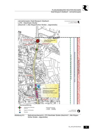 78
PLANUNGSBUERO RICHTER-RICHARD
Stadt Bergisch Gladbach - Lärmaktionsplan
GL_LAP_2014-02-25.doc
Abbildung 9.5: Maßnahmenübersicht L 270 Odenthaler Straße (Abschnitt 1, Alte Wipper-
fürther Straße - Jägerstraße)
 