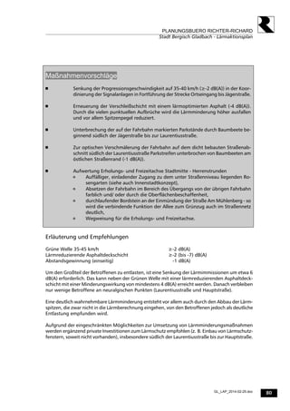80
PLANUNGSBUERO RICHTER-RICHARD
Stadt Bergisch Gladbach - Lärmaktionsplan
GL_LAP_2014-02-25.doc
Maßnahmenvorschläge
 Senkung der Progressionsgeschwindigkeit auf 35-40 km/h (≥-2 dB(A)) in der Koor-
dinierung der Signalanlagen in Fortführung der Strecke Ortseingang bis Jägerstraße.
 Erneuerung der Verschleißschicht mit einem lärmoptimierten Asphalt (-4 dB(A)).
Durch die vielen punktuellen Aufbrüche wird die Lärmminderung höher ausfallen
und vor allem Spitzenpegel reduziert.
 Unterbrechung der auf der Fahrbahn markierten Parkstände durch Baumbeete be-
ginnend südlich der Jägerstraße bis zur Laurentiusstraße.
 Zur optischen Verschmälerung der Fahrbahn auf dem dicht bebauten Straßenab-
schnitt südlich der Laurentiusstraße Parkstreifen unterbrochen von Baumbeeten am
östlichen Straßenrand (-1 dB(A)).
 Aufwertung Erholungs- und Freizeitachse Stadtmitte - Herrenstrunden
 Auffälliger, einladender Zugang zu dem unter Straßenniveau liegenden Ro-
sengarten (siehe auch Innenstadtkonzept),
 Absetzen der Fahrbahn im Bereich des Übergangs von der übrigen Fahrbahn
farblich und/ oder durch die Oberflächenbeschaffenheit,
 durchlaufender Bordstein an der Einmündung der Straße Am Mühlenberg - so
wird die verbindende Funktion der Allee zum Grünzug auch im Straßennetz
deutlich,
 Wegweisung für die Erholungs- und Freizeitachse.
Erläuterung und Empfehlungen
Grüne Welle 35-45 km/h ≥-2 dB(A)
Lärmreduzierende Asphaltdeckschicht ≥-2 (bis -7) dB(A)
Abstandsgewinnung (einseitig) -1 dB(A)
Um den Großteil der Betroffenen zu entlasten, ist eine Senkung der Lärmimmissionen um etwa 6
dB(A) erforderlich. Das kann neben der Grünen Welle mit einer lärmreduzierenden Asphaltdeck-
schicht mit einer Minderungswirkung von mindestens 4 dB(A) erreicht werden. Danach verbleiben
nur wenige Betroffene an neuralgischen Punkten (Laurentiusstraße und Hauptstraße).
Eine deutlich wahrnehmbare Lärmminderung entsteht vor allem auch durch den Abbau der Lärm-
spitzen, die zwar nicht in die Lärmberechnung eingehen, von den Betroffenen jedoch als deutliche
Entlastung empfunden wird.
Aufgrund der eingeschränkten Möglichkeiten zur Umsetzung von Lärmminderungsmaßnahmen
werden ergänzend private Investitionen zum Lärmschutz empfohlen (z. B. Einbau von Lärmschutz-
fenstern, soweit nicht vorhanden), insbesondere südlich der Laurentiusstraße bis zur Hauptstraße.
 