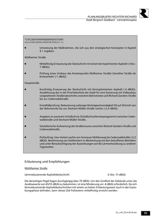 95
PLANUNGSBUERO RICHTER-RICHARD
Stadt Bergisch Gladbach - Lärmaktionsplan
GL_LAP_2014-02-25.doc
Maßnahmenvorschläge
 Umsetzung der Maßnahmen, die sich aus den strategischen Konzepten in Kapitel
9.1 ergeben.
Mülheimer Straße
 Mittelfristig Erneuerung der Deckschicht mit einem lärmoptimierten Asphalt (-4 bis -
7 dB(A)).
 Prüfung eines Umbaus des Knotenpunkts Mülheimer Straße/ Gierather Straße als
Kreisverkehr (-1 dB(A)).
Hauptstraße
 Kurzfristig Erneuerung der Deckschicht mit lärmoptimiertem Asphalt (-4 dB(A)).
Ausdehnung des in der Prioritätenliste der Stadt für eine Sanierung mit Vollausbau
vorgesehenen Straßenabschnitts zwischen Bahnstrecke und Richard-Zanders-Straße
bis zur Cederwaldstraße.
 Einzelfallprüfung: Reduzierung zulässige Höchstgeschwindigkeit 50 auf 30 km/h von
der Bahnstrecke bis zur Dechant-Müller-Straße nachts (-2,4 dB(A)).
 Angebot an passivem Schallschutz (Schallschutzfensterprogramm) zwischen Ceder-
waldstraße und Dechant-Müller-Straße.
 Gestalterische Aufwertung des Straßenraums zwischen Richard-Zanders-Straße und
Cederwaldstraße.
 Prüfauftrag: Lkw-Verbot nachts von Gronauer Mühlenweg bis Cederwaldstraße (-2,2
dB(A)). Bestimmung von Zeitfenstern in Abstimmung mit den betroffenen Betrieben
und unter Berücksichtigung der Auswirkungen auf die Lärmentwicklung zu anderen
Tageszeiten.
Erläuterung und Empfehlungen
Mühlheimer Straße
Lärmreduzierende Asphaltdeckschicht -2 (bis -7) dB(A)
Die derzeitigen Pegel liegen durchgängig über 70 dB(A). Um den Großteil der Gebäude unter die
Auslösewerte von 65/55 dB(A) zu bekommen, ist eine Minderung um -6 dB(A) erforderlich. Da sich
lärmreduzierende Asphaltdeckschichten mit einem so hohen Entlastungswert noch in der Erpro-
bungsphase befinden, kann dieses Ziel frühestens mittelfristig erreicht werden.
 