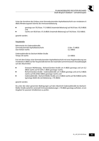 96
PLANUNGSBUERO RICHTER-RICHARD
Stadt Bergisch Gladbach - Lärmaktionsplan
GL_LAP_2014-02-25.doc
Unter der Annahme des Einbaus einer lärmreduzierenden Asphaltdeckschicht von mindestens 6
dB(A) Minderungswert könnte die Immissionsbelastung
 ganztags von 70,9 bzw. 71,9 dB(A) (maximale Belastung) auf 64,9 bzw. 65,9 dB(A)
und
 nachts von 60,8 bzw. 61,8 dB(A) (maximale Belastung) auf 54,8 bzw. 55,8 dB(A).
gesenkt werden.
Hauptstraße
Bahnstrecke bis Cederwaldstraße:
Lärmreduzierende Asphaltdeckschicht -2 (bis -7) dB(A)
Lkw-Verbot nachts -2,2 dB(A)
Cederwaldstraße bis Dechant-Müller-Straße
Tempo 30 nachts -2,4 dB(A)
Erst mit dem Einbau einer lärmreduzierenden Asphaltdeckschicht mit einer Pegelminderung von
mindestens 4 dB(A) auf der Hauptstraße können die maximalen Lärmimmissionen (Fassadenpegel)
auf den Abschnitten
 Gronauer Mühlenweg - Richard-Zanders-Straße um 4 dB(A) ganztags und um 6,2
dB(A) nachts auf 67,4/55,1 dB(A) ganztags/ nachts,
 Richard-Zanders-Straße - Cederwaldstraße um 4 dB(A) ganztags und um 6,2 dB(A)
nachts auf 69,3/58,0 dB(A) ganztags/ nachts und
 Cederwaldstraße - Dechant-Müller-Straße um 2,4 dB(A) nachts auf 58,9 dB(A) nachts
(ganztags bleibt die Lärmbelastung >70 dB(A))
gesenkt werden.
Da unter den oben genannten Bedingungen auf dem Abschnitt Cederwaldstraße bis Dechant-
Müller-Straße weiterhin vereinzelt Immissionsbelastungen >70 dB(A) ganztags auftreten, ist ein
Angebot für passiven Schallschutz zu prüfen.
 