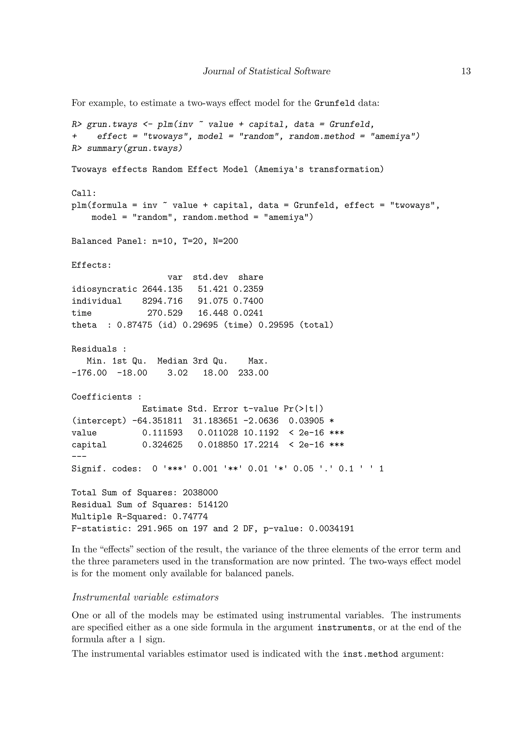 Journal of Statistical Software 13
For example, to estimate a two-ways eﬀect model for the Grunfeld data:
R> grun.tways <- plm(inv ~ value + capital, data = Grunfeld,
+ effect = "twoways", model = "random", random.method = "amemiya")
R> summary(grun.tways)
Twoways effects Random Effect Model (Amemiya's transformation)
Call:
plm(formula = inv ~ value + capital, data = Grunfeld, effect = "twoways",
model = "random", random.method = "amemiya")
Balanced Panel: n=10, T=20, N=200
Effects:
var std.dev share
idiosyncratic 2644.135 51.421 0.2359
individual 8294.716 91.075 0.7400
time 270.529 16.448 0.0241
theta : 0.87475 (id) 0.29695 (time) 0.29595 (total)
Residuals :
Min. 1st Qu. Median 3rd Qu. Max.
-176.00 -18.00 3.02 18.00 233.00
Coefficients :
Estimate Std. Error t-value Pr(>|t|)
(intercept) -64.351811 31.183651 -2.0636 0.03905 *
value 0.111593 0.011028 10.1192 < 2e-16 ***
capital 0.324625 0.018850 17.2214 < 2e-16 ***
---
Signif. codes: 0 '***' 0.001 '**' 0.01 '*' 0.05 '.' 0.1 ' ' 1
Total Sum of Squares: 2038000
Residual Sum of Squares: 514120
Multiple R-Squared: 0.74774
F-statistic: 291.965 on 197 and 2 DF, p-value: 0.0034191
In the “eﬀects” section of the result, the variance of the three elements of the error term and
the three parameters used in the transformation are now printed. The two-ways eﬀect model
is for the moment only available for balanced panels.
Instrumental variable estimators
One or all of the models may be estimated using instrumental variables. The instruments
are speciﬁed either as a one side formula in the argument instruments, or at the end of the
formula after a | sign.
The instrumental variables estimator used is indicated with the inst.method argument:
 