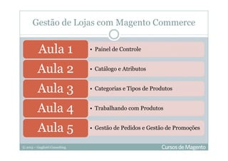 © 2013 – Gugliotti Consulting
Gestão de Lojas com Magento Commerce
• Painel de ControleAula 1
• Catálogo e AtributosAula 2
• Categorias e Tipos de ProdutosAula 3
• Trabalhando com ProdutosAula 4
• Gestão de Pedidos e Gestão de PromoçõesAula 5
 