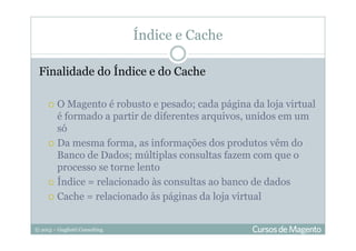 © 2013 – Gugliotti Consulting
Índice e Cache
Finalidade do Índice e do Cache
O Magento é robusto e pesado; cada página da loja virtual
é formado a partir de diferentes arquivos, unidos em um
só
Da mesma forma, as informações dos produtos vêm do
Banco de Dados; múltiplas consultas fazem com que o
processo se torne lento
Índice = relacionado às consultas ao banco de dados
Cache = relacionado às páginas da loja virtual
 
