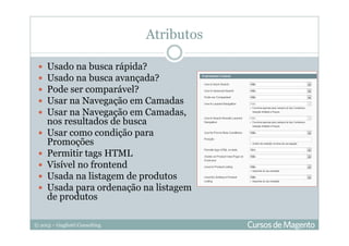 © 2013 – Gugliotti Consulting
Atributos
Usado na busca rápida?
Usado na busca avançada?
Pode ser comparável?
Usar na Navegação em Camadas
Usar na Navegação em Camadas,
nos resultados de busca
Usar como condição para
Promoções
Permitir tags HTML
Visível no frontend
Usada na listagem de produtos
Usada para ordenação na listagem
de produtos
 