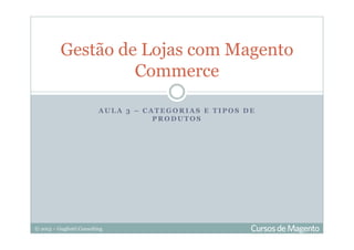 © 2013 – Gugliotti Consulting
A U L A 3 – C A T E G O R I A S E T I P O S D E
P R O D U T O S
Gestão de Lojas com Magento
Commerce
 