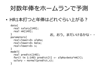 対数年俸をホームランで予測
• HR1本打つと年俸はどれぐらい上がる？
data{
real salary[140];
real HR[140];
}
parameters{
real<lower=0> alpha;
real<lower=0> beta;
real<lower=0> s;
}
model{
real predict[140];
for(i in 1:140) predict[i] <- alpha+beta*HR[i];
salary ~ normal(predict,s);
}
お，おう，まだいけるかな・・
 