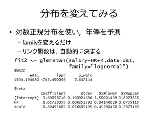 分布を変えてみる
• 対数正規分布を使い，年俸を予測
– familyを変えるだけ
– リンク関数は，自動的に決まる
fit2 <- glmmstan(salary~HR+K,data=dat,
family="lognormal")
 